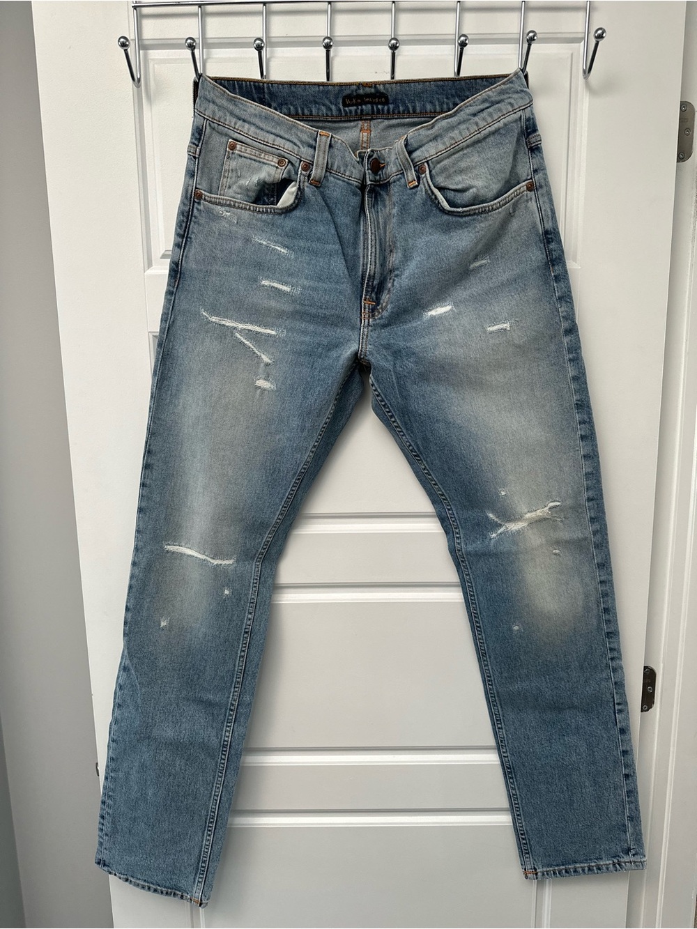 Nudie Light Blue Distressed Men's Jeans - Casual Straight Fit Size 36